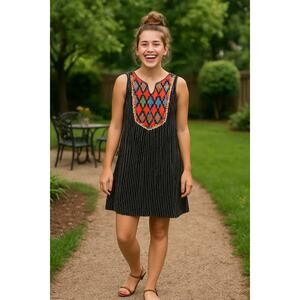 THML Black and White Striped  Dress with Floral Embroidery - Size S